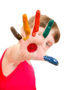 Focus on the Palm. Little Girl with Painted Palm on the White Background