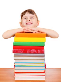 Cheerful Little Girl with the Books on the White Background