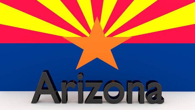 Writing with the name of the US state Arizona made of dark metal  in front of state flag