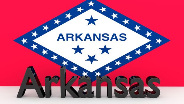Writing with the name of the US state Arkansas made of dark metal  in front of state flag