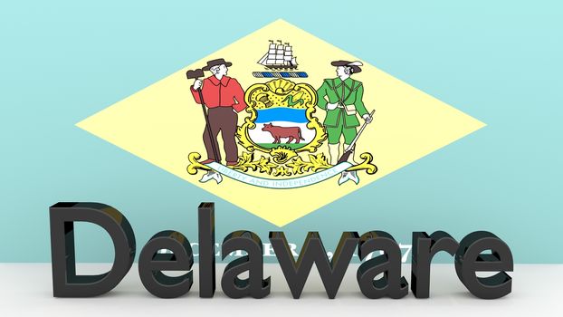 Writing with the name of the US state Delaware made of dark metal  in front of state flag