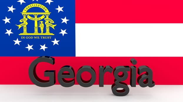 Writing with the name of the US state Georgia made of dark metal  in front of state flag