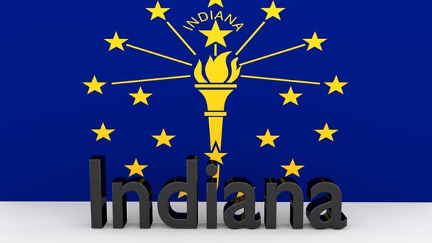 Writing with the name of the US state Indiana made of dark metal  in front of state flag