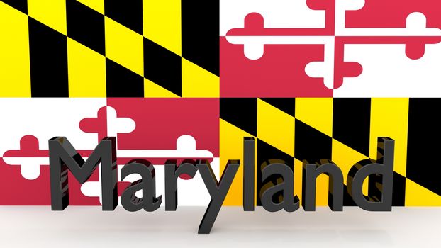 Writing with the name of the US state Maryland made of dark metal  in front of state flag