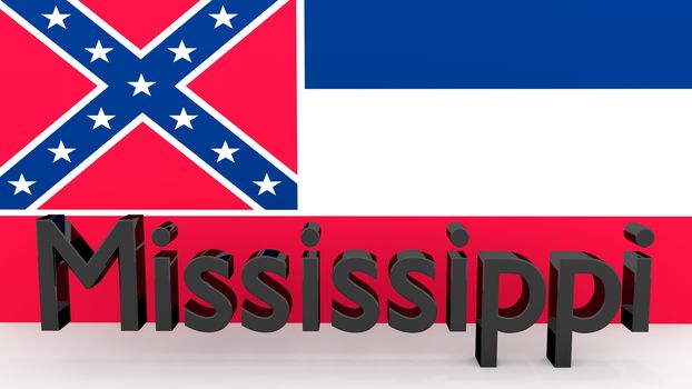 Writing with the name of the US state Mississippi made of dark metal  in front of state flag