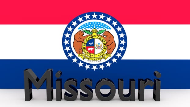 Writing with the name of the US state Missouri made of dark metal  in front of state flag