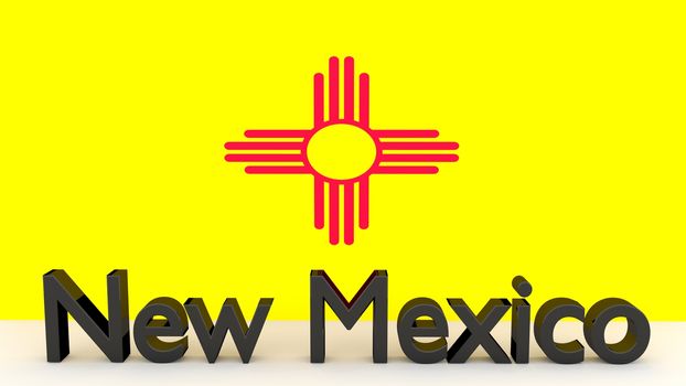 Writing with the name of the US state New Mexico made of dark metal  in front of state flag