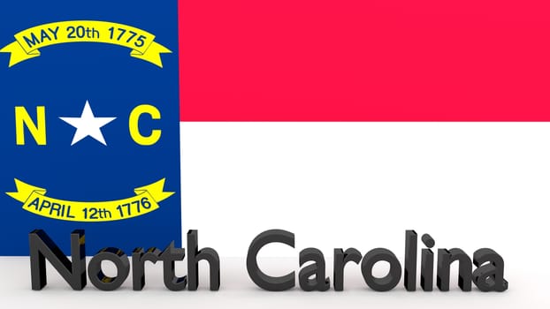 Writing with the name of the US state North Carolina made of dark metal  in front of state flag