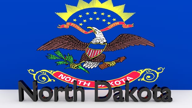 Writing with the name of the US state North Dakota made of dark metal  in front of state flag