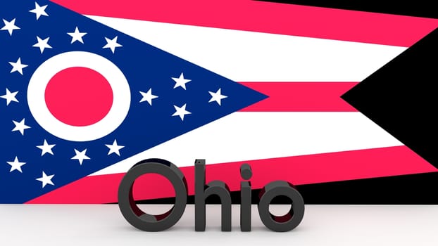 Writing with the name of the US state Ohio made of dark metal  in front of state flag