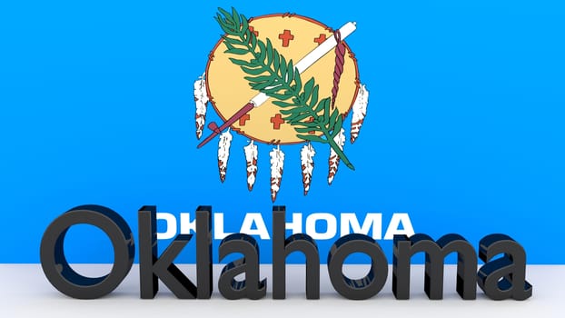 Writing with the name of the US state Oklahoma made of dark metal  in front of state flag