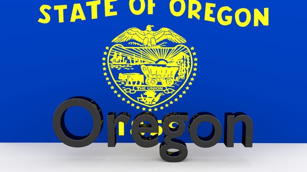 Writing with the name of the US state Oregon made of dark metal  in front of state flag
