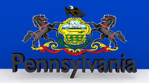 Writing with the name of the US state Pennsylvania made of dark metal  in front of state flag