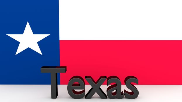 Writing with the name of the US state Texas made of dark metal  in front of state flag
