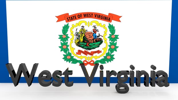 Writing with the name of the US state West Virginia made of dark metal  in front of state flag