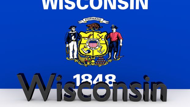 Writing with the name of the US state Wisconsin made of dark metal  in front of state flag