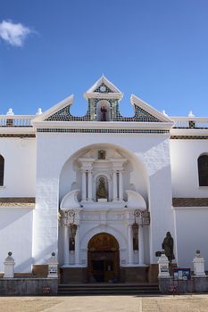 COPACABANA, BOLIVIA - OCTOBER 19, 2014: The entrance of the Basilica of Our Lady of Copacabana in the small tourist town along the Titicaca Lake on October 19, 2014 in Copacabana, Bolivia 