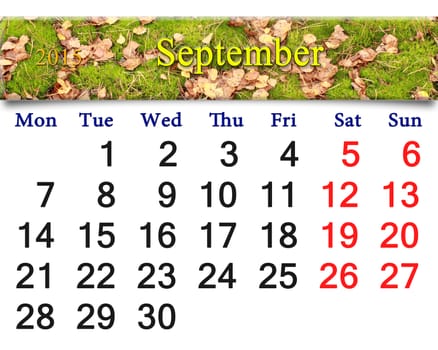 calendar for September of 2015 with the ribbon of moss and leaves