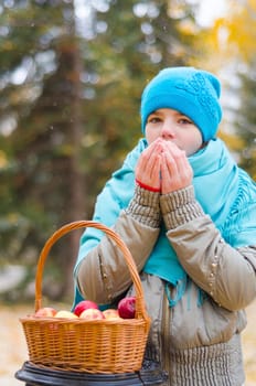 Girl with basket of apples in the Park. She froze, breathing on his hands warming.