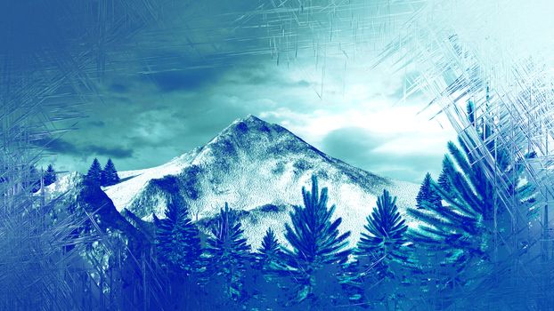 Frozen window of a winter mountain landscape with fir trees and cloudy blue sky