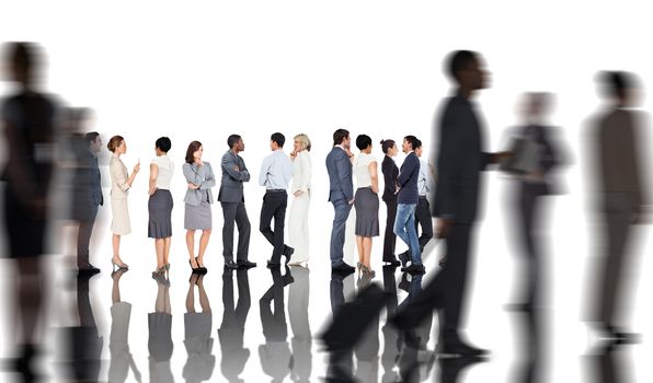 Many business people standing in a line with silhouettes of business people