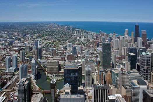 Aerial view of the city of Chicago showing the densely packed buildings.