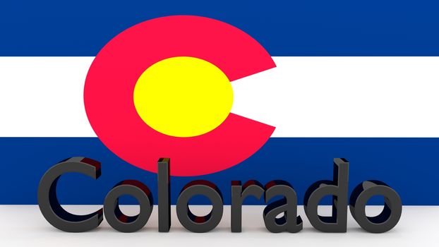Writing with the name of the US state Colorado made of dark metal  in front of state flag