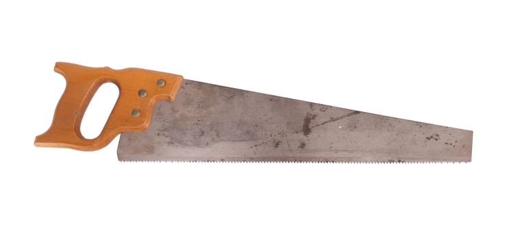 Rusted antique carpenters hand saw with wood handle isolated on white