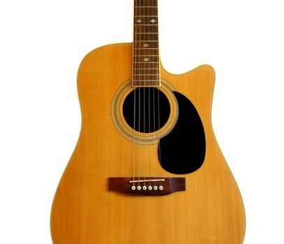 Music business concept with a close-up of an acoustic classic guitar isolated on white background.