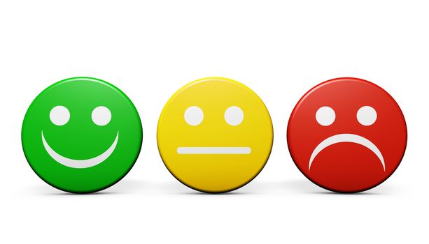 Customer service and product quality feedback concept with three emoticon icons and symbol on round badges isolated on white background.