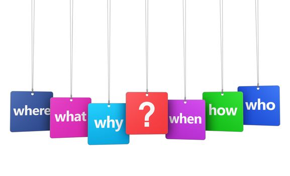 Website and Internet concept with question mark and questions words and sign on colorful hanged tags isolated on white background.