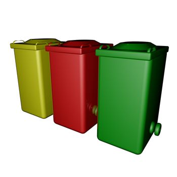 Yellow, red and green dumpsters isolated over white, 3d render