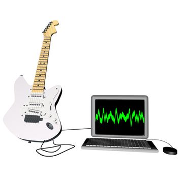 Electric guitar linked to laptop, 3d render