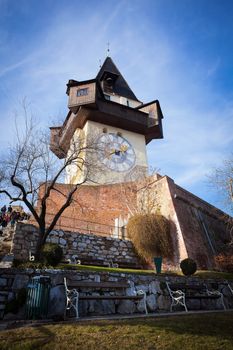 Graz, Austria - January 16, 2011: Uhrturm old clock tower in Graz, Styria, Austria