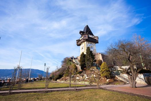 Graz, Austria - January 16, 2011: Uhrturm old clock tower in Graz, Styria, Austria