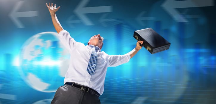 Businessman holding briefcase and cheering against global business graphic in blue