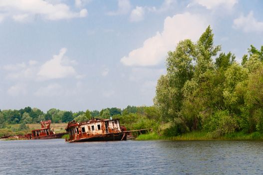 Wrecked abandoned ships on a river after nuclear disaster in Chernobyl, Ukraine