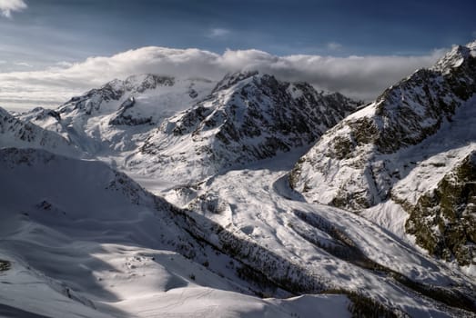 Panoramic view of ragged Mt Blanc wall during winter