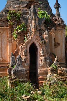 Ruins of ancient Burmese Buddhist pagodas in the village of Indein on Inlay Lake in Shan State, Myanmar (Burma).