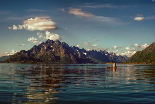 Picturesque view of Lofoten islands in Norway from ferry             