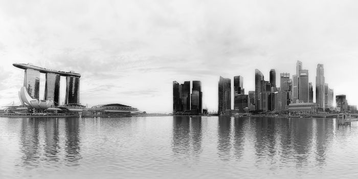 Black and white panorama of Singapore city skyline