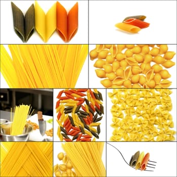 various type of Italian pasta collage on a square frame