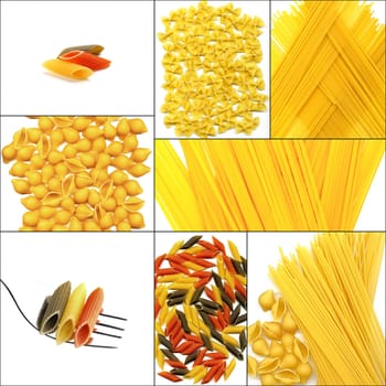 various type of Italian pasta collage on a square frame