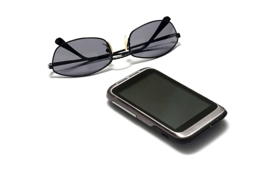 sunglasses with smart phone on a white background