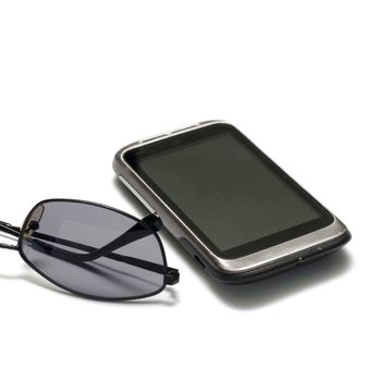 sunglasses with smart phone on a white background