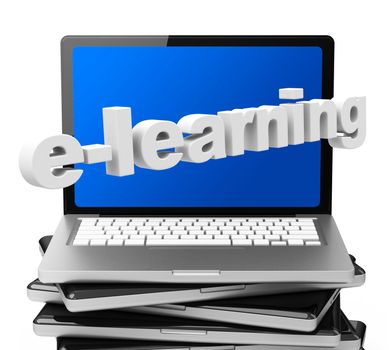 3d generated picture of a laptop and the word e-learning
