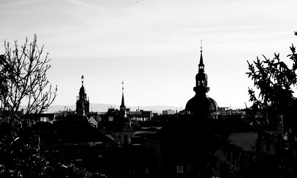 Graz cityscape with typical historical building towers, Austria