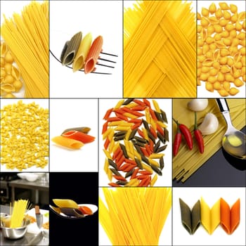 various type of Italian pasta collage on a square frame