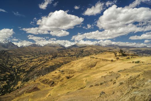 Panoramic view of a sunlit valley in Peruvian Cordillera Negra