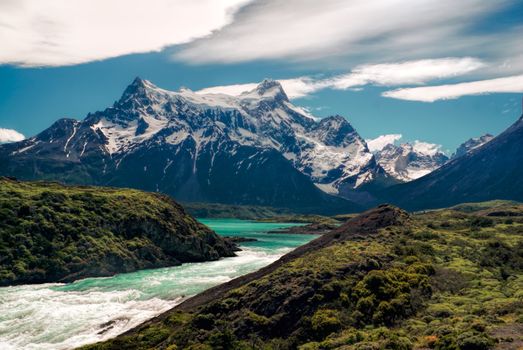 Picturesque view of river in Torres del Paine in south American Andes                   